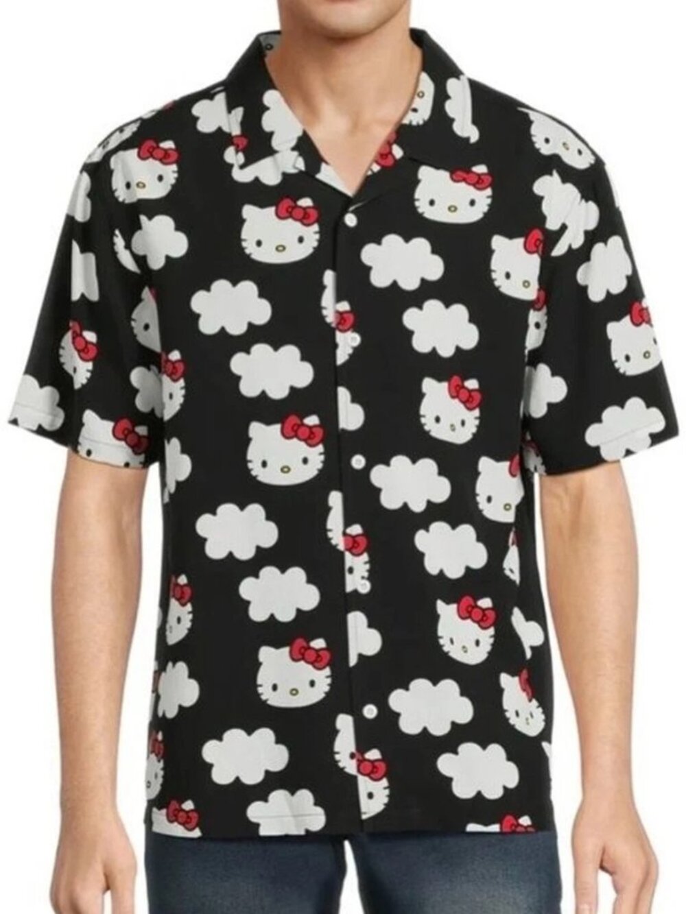Hello Kitty Sanrio Bioworld Men Button Up Short Sleeve Black Rayon Shirt L 42-44